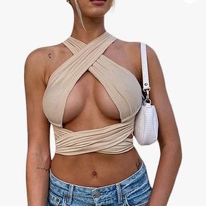 3/$15 Crisscross Halter Neck Tan Top